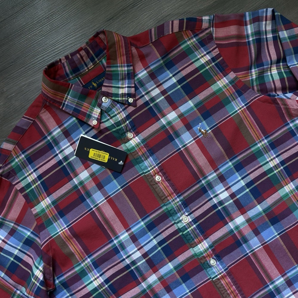 New Polo Ralph Lauren Oxford Shirt Mens L Red Madras Plaid Flesh Pony Classic